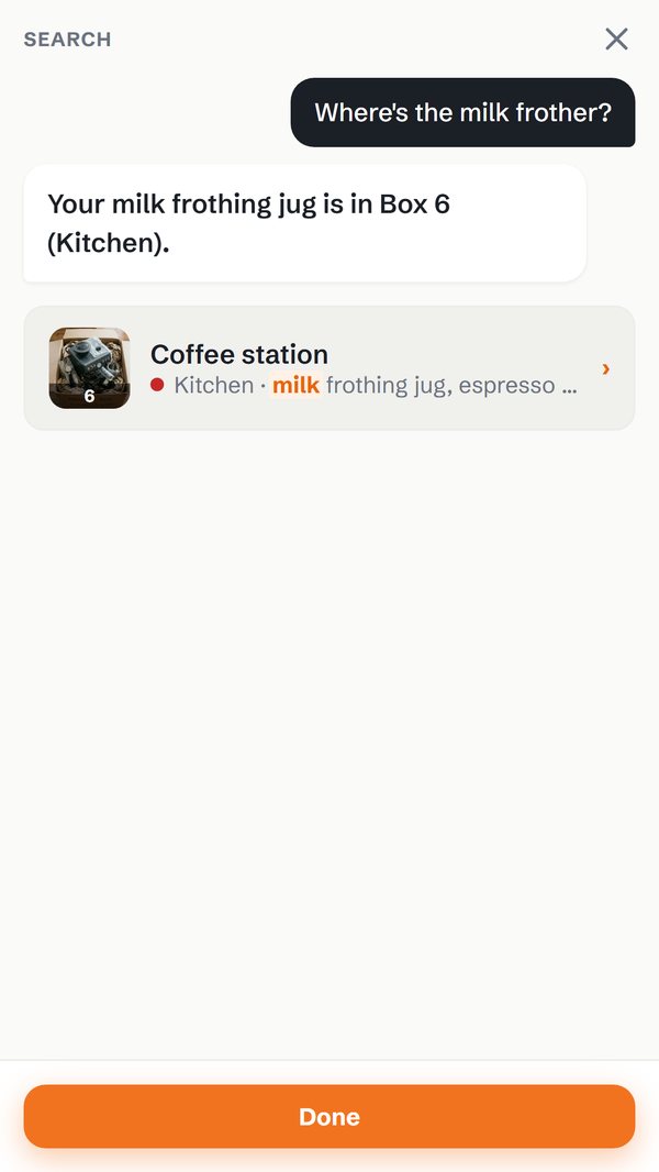 MoveBuddy answering the question "Where's the milk frother?" with Box 6, Coffee station, in the Kitchen