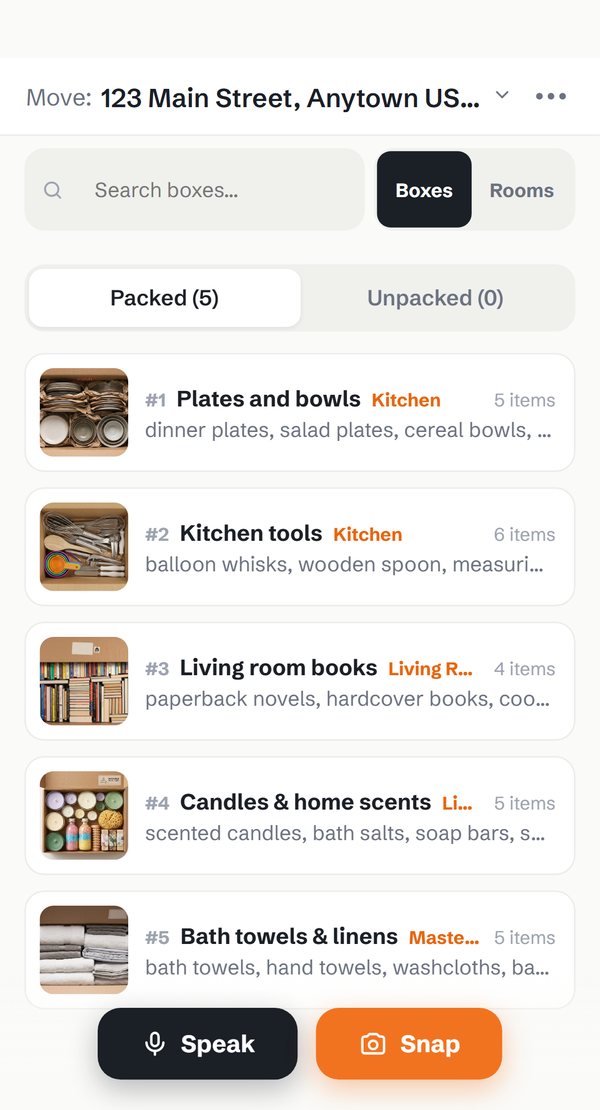 The MoveBuddy box list showing five numbered boxes, each with a photo, a room and its listed items