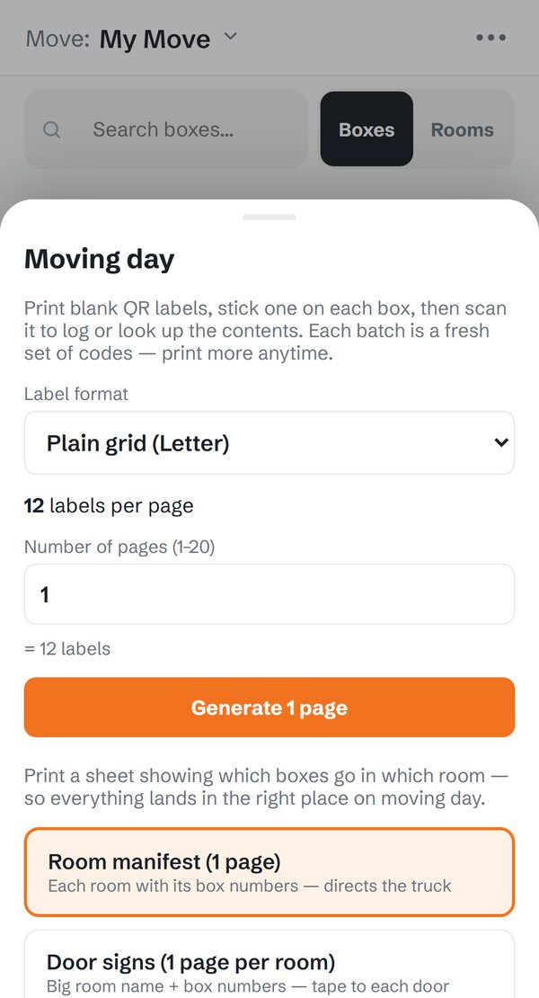 The MoveBuddy moving-day sheet with options to print QR box labels, a room manifest and door signs