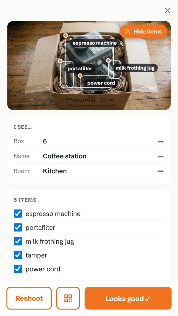 MoveBuddy after a snap: the AI's list of what it found in the box, with a checkbox for each item, ready to confirm