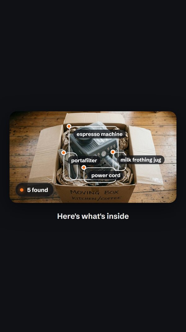 The MoveBuddy app outlining items it recognized in a snapped box: espresso machine, portafilter, milk frothing jug and power cord