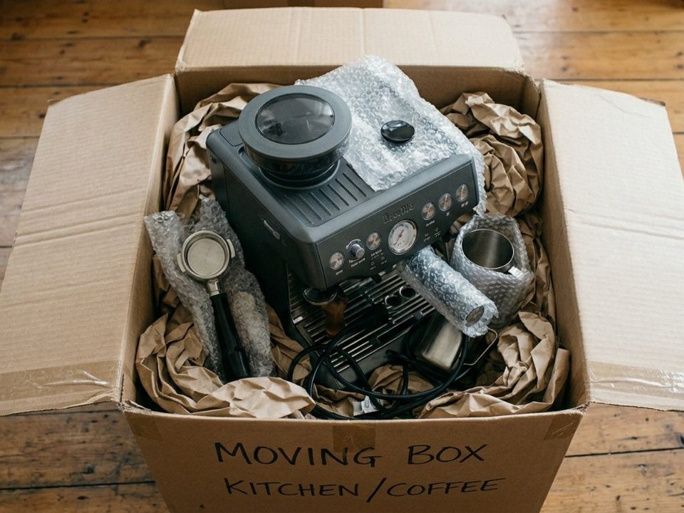 An open moving box marked Kitchen / Coffee holding an espresso machine, portafilter and milk jug wrapped in brown paper and bubble wrap
