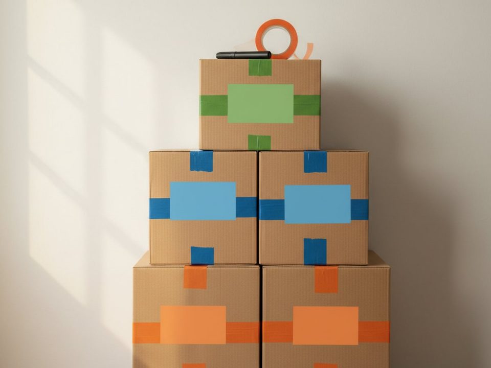 AI-generated image of a stack of cardboard moving boxes marked with colored room labels and strips of colored tape on their sides and tops