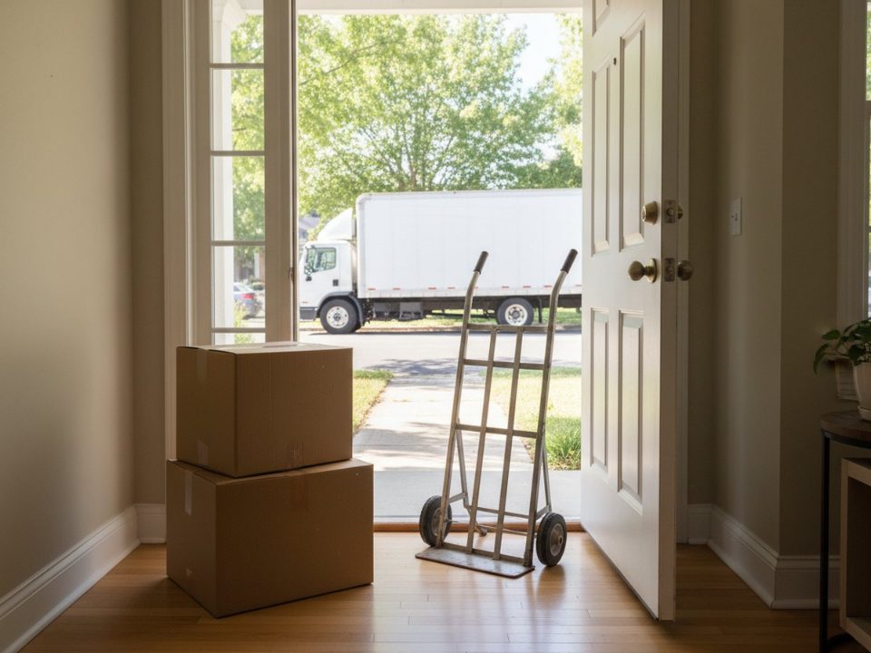 AI-generated image: an open front door with a small stack of moving boxes and a hand truck on the porch, a moving truck parked at the curb