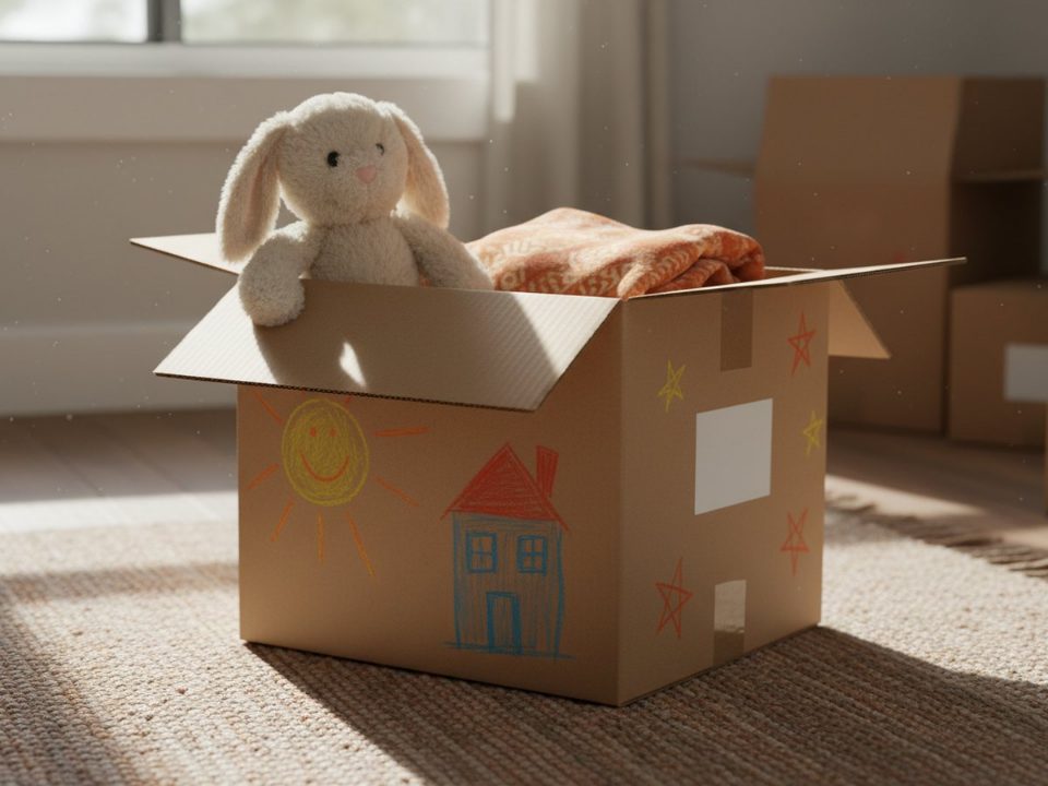 AI-generated image: a child's moving box covered in crayon drawings, a stuffed animal peeking out of the top, in a sunny bedroom