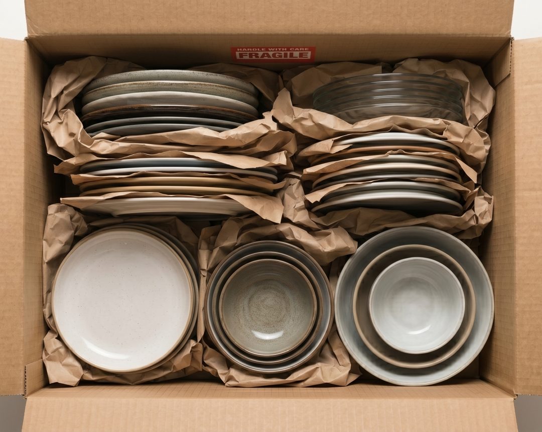 Top-down photo of dinner plates and bowls inside an open box