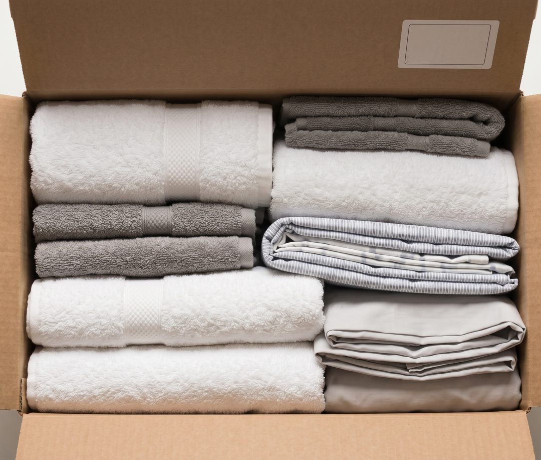 Top-down photo of bath towels and linens inside an open box