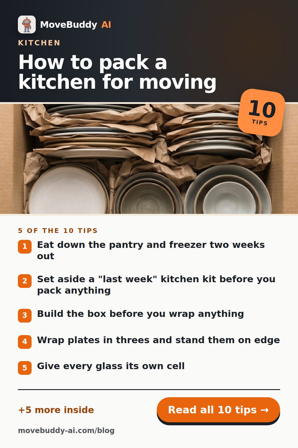 Pinterest pin for this post: How to pack a kitchen for moving: dishes, glasses, knives and the fridge, with the first five tips