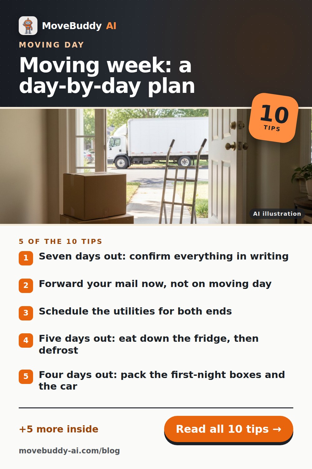 Pinterest pin for this post: Moving week checklist: what to do each day, and on moving day itself, with the first five tips