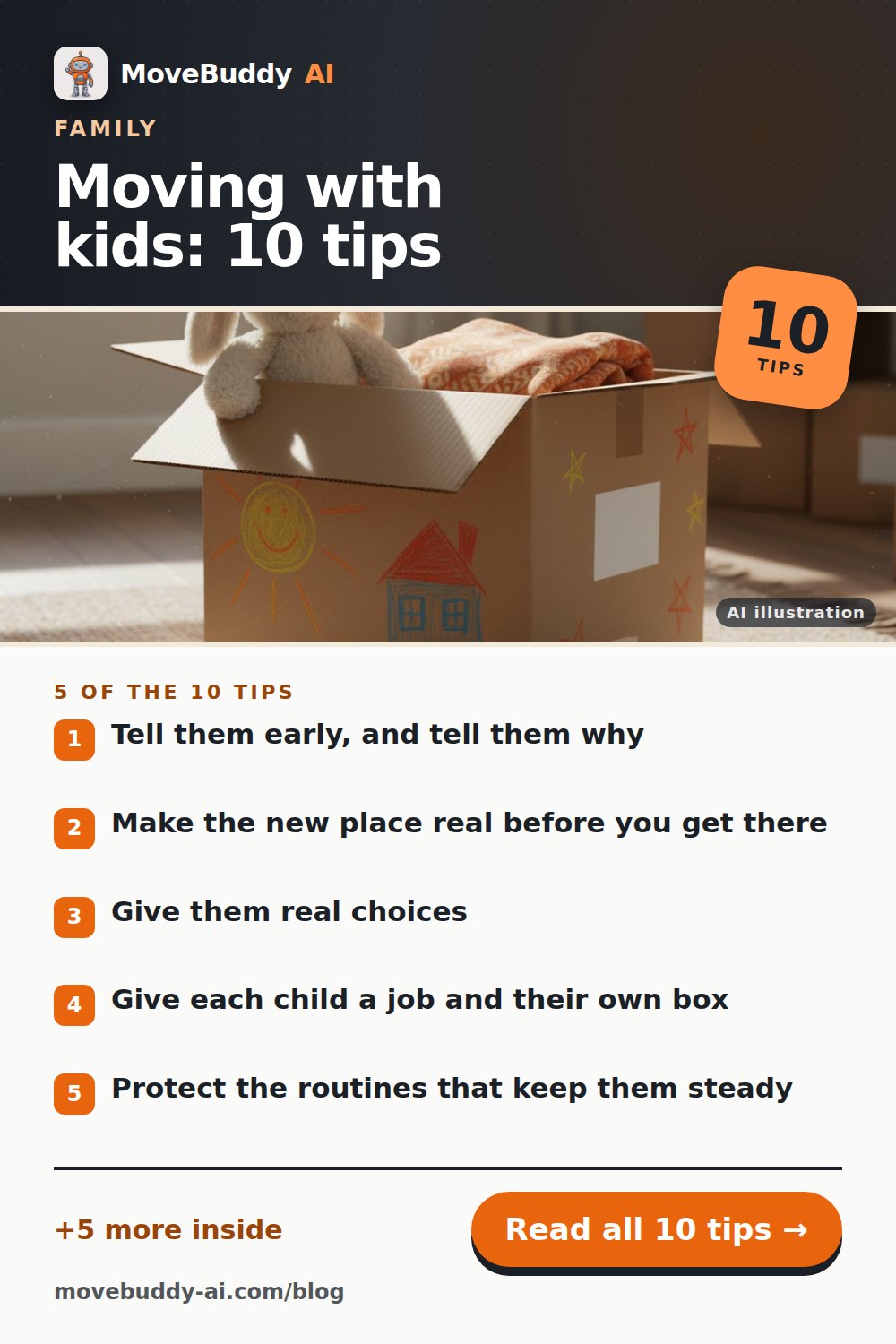 Pinterest pin for this post: Moving with kids: 10 ways to make the move easier on them (and you), with the first five tips