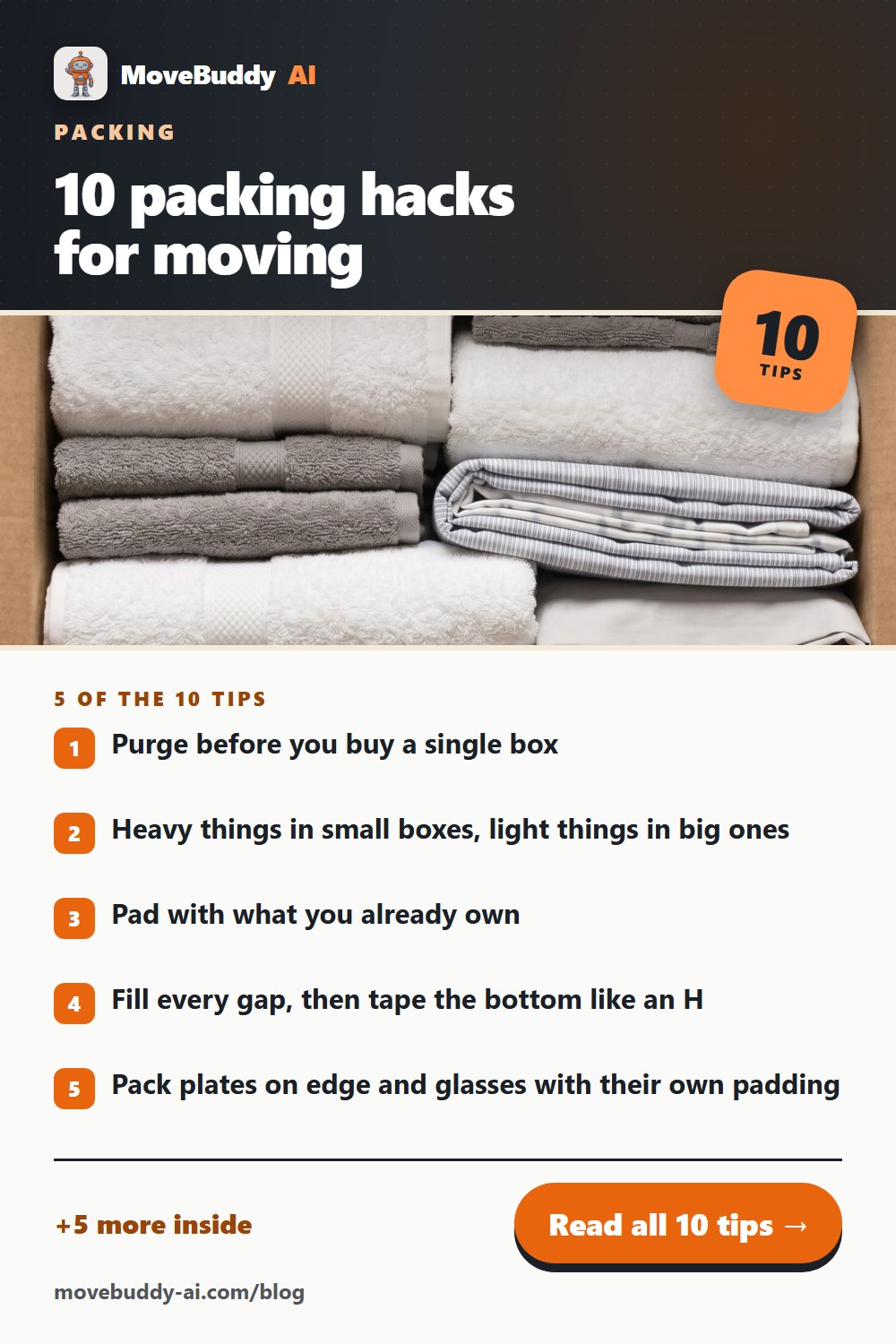 Pinterest pin for this post: 10 packing hacks for moving that actually save time, with the first five tips
